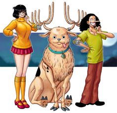 three people standing next to a dog with antlers on its head and one person holding a cell phone