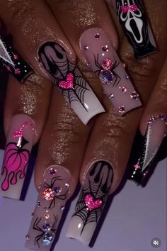 40+ Spooky and Fun Halloween Nail Art Ideas - HubPages Birthday And Halloween Nails, Glitter Halloween Nails Acrylic, Pink Nail Designs Bling, Acrylic Nail Designs Coffin Long, Bling Spooky Nails, Blinged Halloween Nails, Glam Spooky Nails, Halloween Nail Designs With Rhinestones, Pink Acrylic Nails Halloween