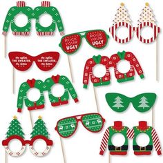 christmas party photo booth props with glasses, hats and trees on sticks set of 12