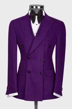 Classic Purple Tuxedo For Semi-formal Events, Bespoke Fitted Tuxedo With Long Sleeves, Fitted Double Breasted Suit With Buttons For Office, Elegant Custom Fit Long Sleeve Double Breasted Suit, Elegant Custom Fit Double Breasted Suit With Long Sleeves, Fitted Double Breasted Suit For Formal Occasion, Luxury Fitted Suits With Button Closure, Fitted Long Sleeve Double Breasted Suit For Parties, Fitted Luxury Double-breasted Suit