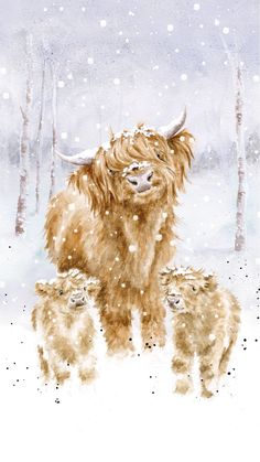 an animal with long hair is standing in the snow next to two smaller animals and trees