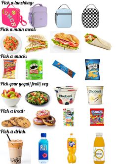 a collage of different foods and drinks on a white background with words describing them