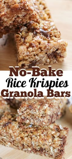 no - bake rice krispies granola bars on a cutting board with text overlay