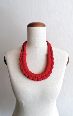 "Red Chunky Necklace for Women, Valentine Red Bright Necklace, Red Chunky Necklace, Red Holiday Jewelry, Mother Day Gift, Gift for Girlfriend, Boho Style Red Necklace for Women. Colorful, Light, Soft and Cool... Perfect for to make your outfit more exciting! AVAILABLE IN 37 COLORS   & 4 SIZES CREATED AND MADE  IN SWEDEN BY ME. This model is color: \"LIPSTICK RED\" To this necklace model I gave the name of \"JULIET\"  Like JULIET MONTAGUE, the female protagonist of William Shakespeare's tragedy R Long Red Holiday Necklace, Handmade Red Adjustable Necklace, Handmade Adjustable Red Necklace, Adjustable Red Handmade Necklace, Juliet Montague, Bright Necklace, Red Textiles, Necklace Model, Low Cut Dresses