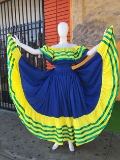 skirt and blouse suit inspired by the colors of the Brazilian flag Flag of Saint Vincent and the Grenadine. the material is polyester and cotton Brazilian Traditional Clothing, Brazilian Culture Clothing, Brazilian Traditional Clothing Culture, Brazilian Cultural Clothing, Brazil Traditional Clothing, Brazil Traditional Dress, Brazilian Costume, Brazil Traditional Costume, Brazil Clothes