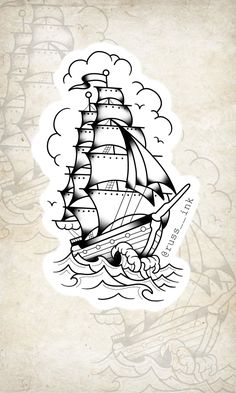 a drawing of a sailboat in the ocean with clouds and waves on it's side