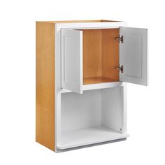 a white cabinet with two doors and one door open to show the inside of it