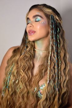 Water Inspired Hairstyles, Mermaid Rhinestone Makeup, Mermaid Theme Outfit Women, Mermaid Chappell Roan, Blue Mermaid Costume, Mermaid Hairstyles For Short Hair, Under The Sea Hairstyles, Sea Inspired Makeup, Mersisters The Little Mermaid