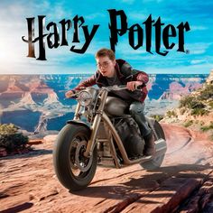 a man riding on the back of a motorcycle in front of a scenic background that reads harry potter