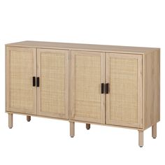 the sideboard is made from wood and has two doors, one with black handles