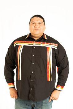 Fire-Color Black Long-Sleeve Ribbon Shirt Native American Ribbon Shirts, Mens Ribbon Shirts, Ribbon Shirts Native American, Indigenous Traditions, Native Clothes, Powwow Outfits, American Indian Clothing, Fancy Shawl, Native Clothing