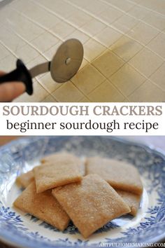 crackers on a blue and white plate with text overlay that reads, sourdough crackers beginner sourdough recipe