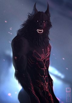 a drawing of a demon standing in front of a blue background with red light coming from it's eyes