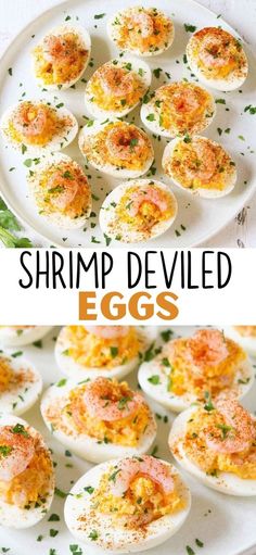 shrimp deviled eggs on a white plate with parsley sprinkled over them