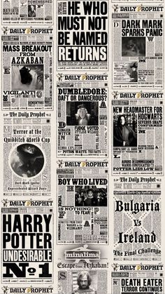 an old newspaper advertisement with harry potter's names and pictures on the front page