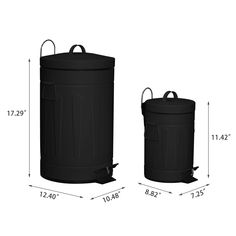 two black trash cans are shown with measurements