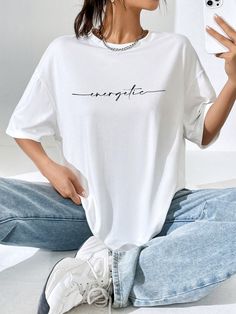 White Casual Collar Half Sleeve Knitted Fabric Slogan  Embellished Slight Stretch Summer Women Clothing Minimalist Fashion Women, Embroidery Top, Fashion Couture, Short Sleeve Pullover, Casual Sporty, Women T Shirts, Oversized Tee, White Casual, Kids Sleepwear