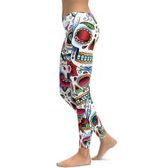 Womens Workout Yoga Colorful Dead - Sugar Skull Leggings White/Red/Green/Blue | Gearbunch.com Casual Skull Print Stretch Leggings, Casual Stretch Leggings With Skull Print, Fun Fitted White Bottoms, Casual Skull Print Leggings, Pants Skull, Lululemon Yoga Pants, Print Design Fashion, Skull Leggings, Yoga Tights