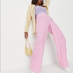 Missguided Pink Gingham Wide Leg Pants Size: Us 2 Brand New With Tags! Day Out Gingham Bottoms With Pockets, Spring Plaid Pants With Pockets, Plaid Straight Pants For Spring, Plaid Trousers For Spring, Spring Day Out Plaid Pants, Spring Plaid Wide Leg Pants, Spring Gingham Wide Leg Bottoms, Spring Plaid High-waisted Pants, Trendy Wide Leg Gingham Pants