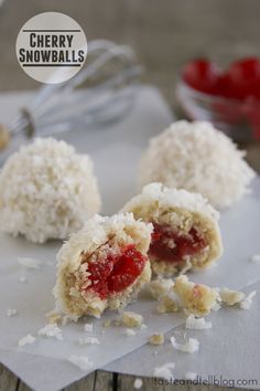 cherry snowballs are cut in half on a piece of paper