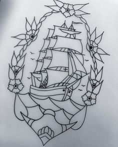 a drawing of a ship with birds on it