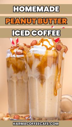 homemade peanut butter iced coffee in two glasses with caramel drizzle on top