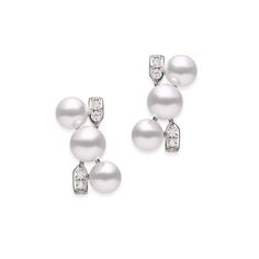 Akoya Cultured Pearl and Diamond Earrings in 18K White Gold Mikimoto Jewelry, Jewelry Reference, Pearl Cluster Earrings, Pearl Jewels, Diamond Cluster Earrings, Pearl And Diamond Earrings, Pearl Cluster, Akoya Pearls, Pearl Diamond