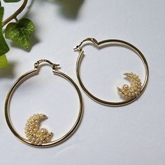 Pretty Hoop Earrings 14k Gold Plated Over Steel Crescent Moon With Faux Pearls Design Lighten Hoops New #31 Trendy Casual Dressy Work Office Wedding Party Bohemian Celestial Gold Moon Shaped Metal Hoop Earrings, Gold Moon Shaped Hoop Earrings, Gold Moon-shaped Metal Hoop Earrings, Hoop Earrings With Moon Charm, Gold Hoop Earrings With Moon Charm, Gold Moon Hoop Earrings, Gold Moon Shaped Pierced Hoop Earrings, Gold Moon-shaped Hoop Earrings, Gold Moon-shaped Pierced Hoop Earrings