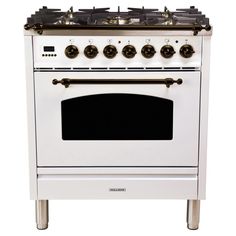 a white stove with four burners and two oven doors