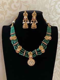 Beautiful antique motifs onyx beads necklace with earrings Traditional Festive Necklaces With Matching Earrings, Traditional Chandbali Earrings With Dangling Beads, Traditional Necklace With Matching Earrings For Festivals, Traditional Chandbali Jewelry With Dangling Beads, Traditional Festive Necklaces With Dangling Beads, Traditional Kundan Necklaces With Dangling Beads, Antique Beaded Jewelry For Festive Occasions, Traditional Jewelry With Polished Beads, Traditional Green Necklace With Dangling Beads