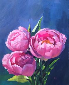 three pink peonies in a vase on a blue background, painted with acrylic paint