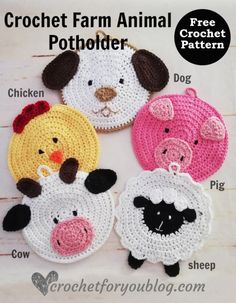 crochet farm animal potholders are shown in four different colors and sizes, including one pig, the other sheep