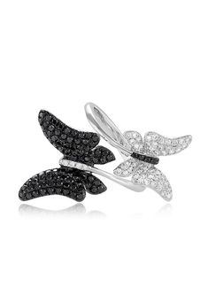 Effy Nature 14K White Gold Black and White Diamond Butterfly Ring, 1.15 TCW Rings Butterfly, Butterfly Diamond Ring, Black White Diamond Ring, Diamond Butterfly Ring, Black And White Rings, White Diamond Jewelry, Butterfly Rings, Gold Butterfly Ring, Ring Butterfly