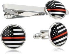 Silver colored metal plated thin red line tie bar and cufflinks set Makes the perfect gift for any firefighter/fireman Show your support with these fine pieces of jewelry Wonderful addition to that someone special's clothing accessory collection Set includes 2 cufflinks and 1 tie bar clip American Flag Tie, Tie Bar Clip, Cufflink Set, Red Line, Tie Tack, Gold Line, Tie Bar, Tie Accessories, Id Holder