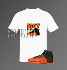 Sneakerheads and Air Jordan fans, get ready to rock the freshest style with our Jordan 12 Brilliant Orange inspired T-Shirt! 🔥 Made from a soft and lightweight cotton blend, this t-shirt is comfortable and flattering for both men and women. The '1997 Jordans' graphics on this t-shirt are inspired by the iconic Jordan 12 Brilliant Orange colorway, making it a must-have for any true Jordan fan. This t-shirt is crafted from a combination of 100% combed and ring-spun cotton, polyester, and pre-shrunk fabric for added durability. It features shoulder-to-shoulder taping and side-seaming. The fabric weight is 4.2 oz (142 g/m2) and it comes in a variety of colors. Please note that any shoes displayed in our listings are sold separately and are only used for marketing purposes. When it comes to ca Sublimation Print T-shirt For Sports Season Streetwear, Retro T-shirt For Sports Season Streetwear, Retro Streetwear T-shirt For Sports Season, Throwback Logo Print T-shirt For Streetwear, Throwback T-shirt With Logo Print For Streetwear, Throwback Streetwear T-shirt With Logo Print, Throwback Streetwear T-shirt, Pre-shrunk, Jordan 12, Jordans 12