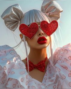 a mannequin with heart shaped glasses and bow ties on her head, wearing red lipstick