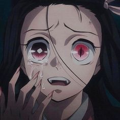 an anime character with red eyes holding her hand up to her face