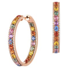 The Following Items we are offering is this Rare Important Radiant 18KT Gold Gorgeous Glittering and Sparkling Magnificent Fancy Rainbow Multi Color Sapphire Hoop Earrings. Earrings contain approx 11.50CTS of Beautiful Fancy Color Sapphires and Diamonds!!! Stones are Very Clean and Extremely Fine!!! These Gorgeous Earrings are a Rare Sample Pair from a Private Manufacturer that sold to select Five Star Hotels and Fine Jewelry Stores. Comes NWT $20,000.00. A Pair of Exquisite Masterpieces!!! Luxury Multicolor Small Hoop Earrings, Elegant Multicolor Hoop Earrings, Luxury Rainbow Hoop Jewelry, Luxury Multi-stone Gold Hoop Earrings, Luxury Gold Multi-stone Hoop Earrings, Luxury Gold Hoop Earrings With Multi-stone, Sapphire Hoop Earrings, Rainbow Diamond, Rainbow Stone