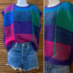 Vintage 80's plaid sleeveless hand knit sweater, size LARGE. Boxier fit, crew neck. Solid purple back and plaid woven front in green, blue, purple and hot pink. Brighter colors. In excellent condition. Made by hand. Made in Korea. Acrylic.  Measures 23" in length x 23" across chest Hand Knit Sweater, Boxy Sweater, Green Blue Purple, Hand Knitted Sweaters, Pullover Sweater Women, Bright Color, Women Pullover, Blue Purple, X 23