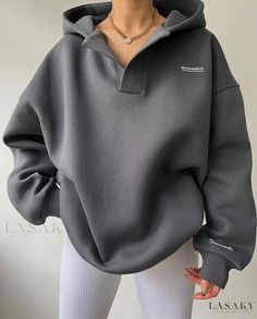 Lasaky - Hooded Printed Long Sleeve Fleece Sweater with Added Plush Neckline Gray Hoodie With Ribbed Cuffs For Fall, Solid Winter Sweater For Sports, Long Sleeve Fall Outdoor Hoodie, Gray Fall Hoodie With Adjustable Hood, Gray Long Sleeve Fleece Hooded Jacket, Solid Color Long Sleeve Outdoor Sweatshirt, Long Sleeve Solid Color Outdoor Sweatshirt, Oversized Hooded Hoodie With Ribbed Collar, Winter Sports Long Sleeve Sweatshirt