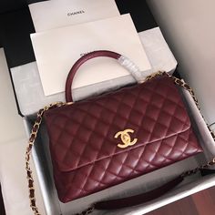 ChanelHandbag With Top Handle Dark Red For Women 11in/28cm Chanel Handbags Pink, Chanel Handbags Tote, Chanel Handbags Red, Chanel Handbags Collection, Chanel Handbags Black, Chanel Handbags Classic, Luxe Handbags, Red Chanel, Handbag Collection