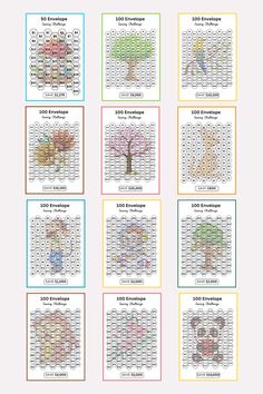 the cross stitch tree chart is shown in four different colors and sizes, including one for each