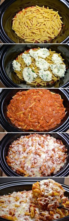 four different types of pasta in the crock pot with text overlay that says, how to make lasagna casserole