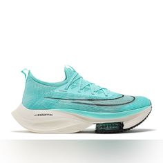 The Nike Air Zoom Alphafly Next% Hyper Turquoise Is A Nike Racing Shoe That Came As A Collaboration Between Nike And The Running Legend From Kenya, Eliud Kipchoge. The Nike Air Zoom Alphafly Next% Is Available In A Hyper Turquoise And Oracle Aqua Colorway. This Sneaker Has Two Ultra-Responsive Comfortable Air Zoom Pods In The Forefoot And In The Heel, An Additional Zoomx Foam. For Branding, It Has A Nike Swoosh On The Upper’s Lateral Side And The Medial Side. It Also Has A Carbon Plate For Propulsion And A Raised Heel. Light Blue Running Sneakers With Air Cushioning, Light Blue Breathable Sneakers For Running Errands, Light Blue Breathable Functional Sneakers, Light Blue Breathable Sneakers For Errands, Functional Light Blue Breathable Sneakers, Light Blue Low-top Running Shoes With Air Max Cushioning, Light Blue Breathable Running Shoes For Light Sports, Light Blue Breathable Running Shoes For Casual Use, Breathable Light Blue Running Shoes For Casual Wear