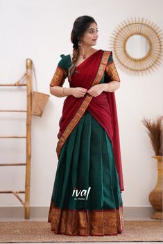 Traditional Halfsaree designed by Ival in Mabia WhatsApp +91 99526 79935 #ivalinmabia,#halfsaree,#ival, #ivalhalfsaree, #traditional Half Saree Red And Green, Half Saree Cotton, Narayani Pattu Half Sarees, Poses On Half Saree At Home, Dark Green Langa Voni, Cotton Half Saree Designs, Pattu Voni Half Saree, Red Pattu Lehenga Half Saree, Half Sarees Design