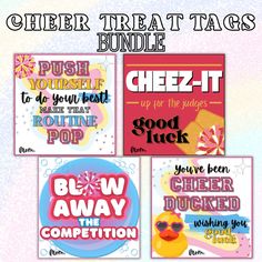 four different greeting cards with the words cheer treat tags and some sayings on them