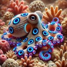 an octopus with blue and purple rings on it's head sitting on corals