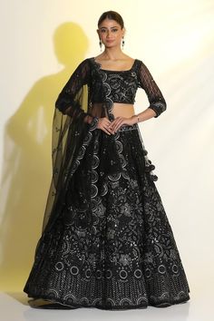 Black cancan attached lehenga featuring floral sequin, cutdana and resham work all over. Paired with a sequin, bead embellished padded blouse and dupatta that has scallop border. - Aza Fashions Lehenga For Party, Simple Lehenga Designs, Indo Western Gown, Saree Petticoat, Simple Lehenga, Full Sleeve Blouse, Floral Lehenga, Lehenga Skirt, Embroidered Lehenga