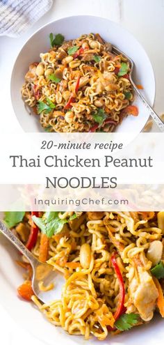 thai noodle noodles with chicken in a white bowl and the title reads 20 minute recipe thai chicken peanut noodles