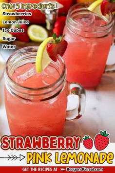 strawberry lemonade in mason jars with strawberries and lemons on the rim for garnish